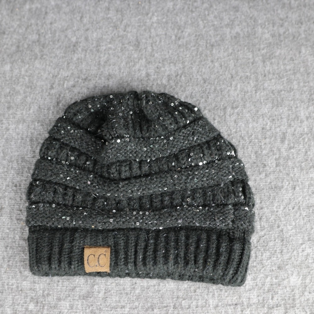 C.C Exclusives Hat Beanie Womens One Size Gray Sequin Knit Ribbed Slouchy Winter